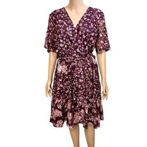 Lane Bryant Lace Faux Wrap Dress 14 Flared Floral Flutter Sleeve Belted Purple